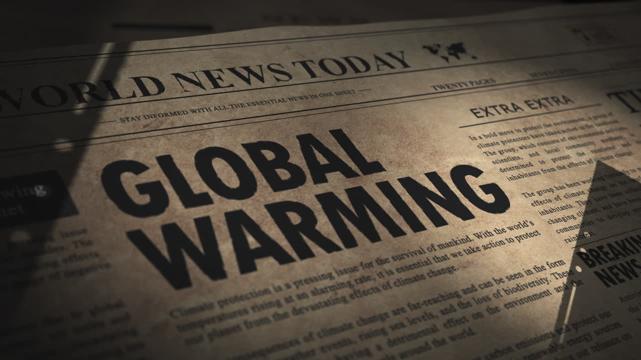 Vintage Newspaper in old archive with headline about the dangers of global warming