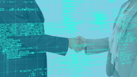 animation of data processing over diverse people shaking hands in office