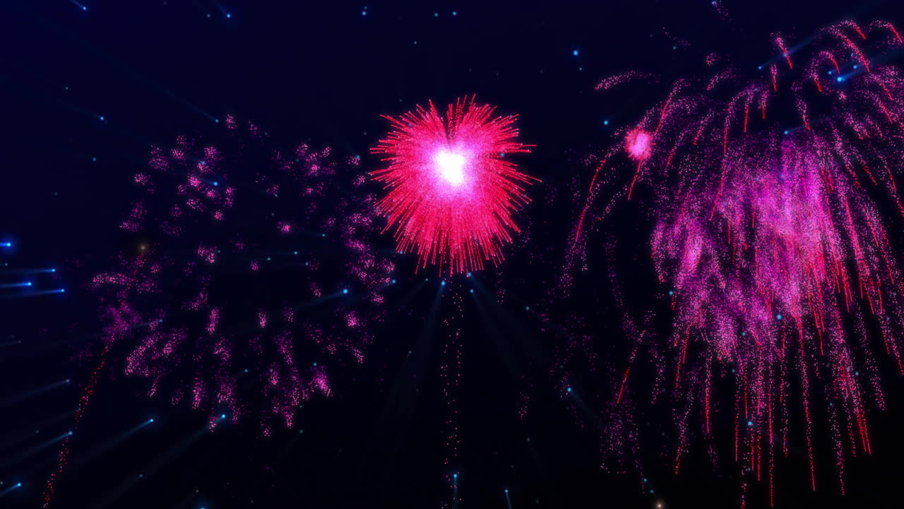 Exploding pink fireworks animation against dark night sky