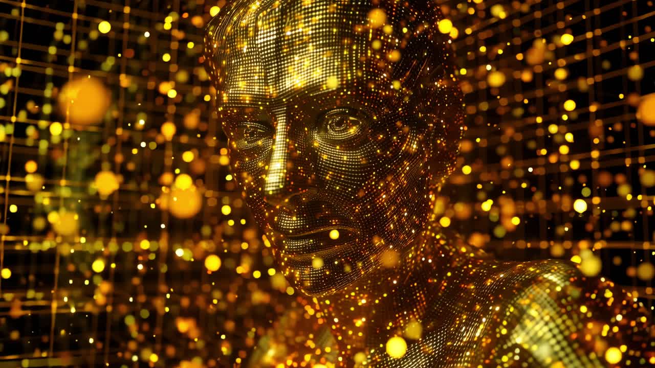 A mesmerizing depiction of a golden humanoid figure surrounded by luminous particles, embodying the fusion of technology and artistry in a stunning visual experience
