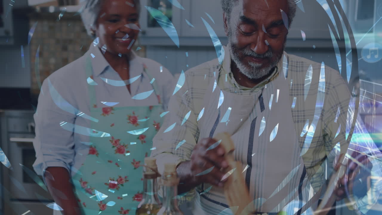 아프리카인 아내가 부에서 러드를 준비하는 남편을 키스하는 추상적인 패턴의 애니메이션