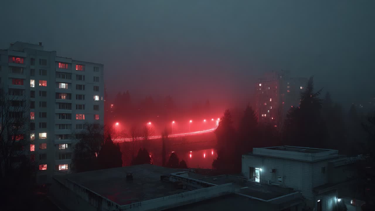Mysterious Urban Landscape: A Captivating Night Scene Shrouded in Fog with Eerie Red Lights Reflecting on a Calm Waterway Surrounded by Darkened Buildings