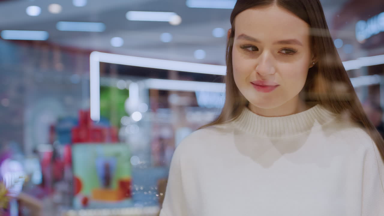 Lady walking in a beautifully decorated store inside mall, admiring festive decorations and holiday vibes, with sparkling lights and joyful atmosphere in background