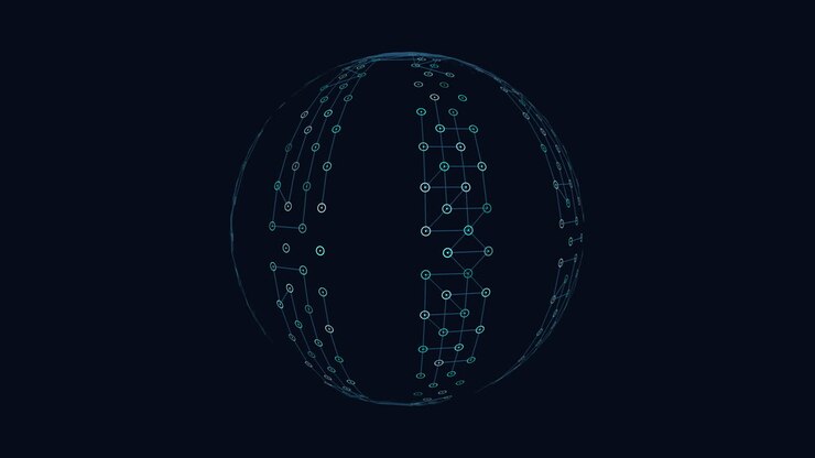 Futuristic depiction of white dots in a circular pattern on a black background, resembling floating elements wi