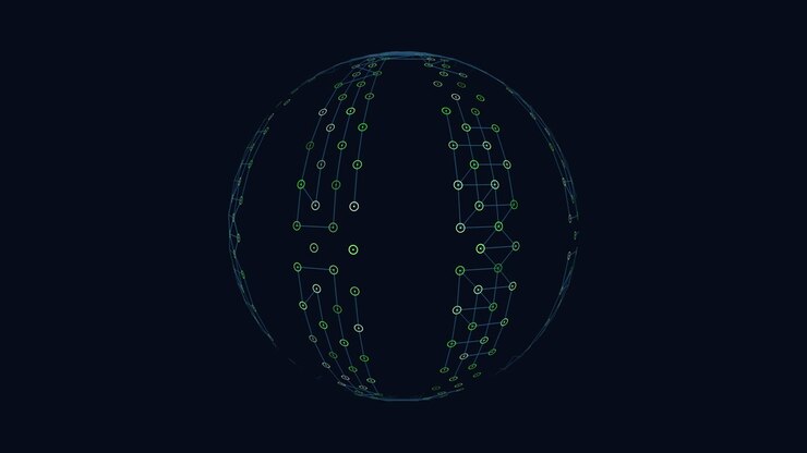 Futuristic depiction of white dots in a circular pattern on a black background, resembling floating elements wi