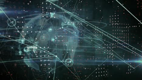 network of connections and data processing over spinning globe and spot of light on blue background