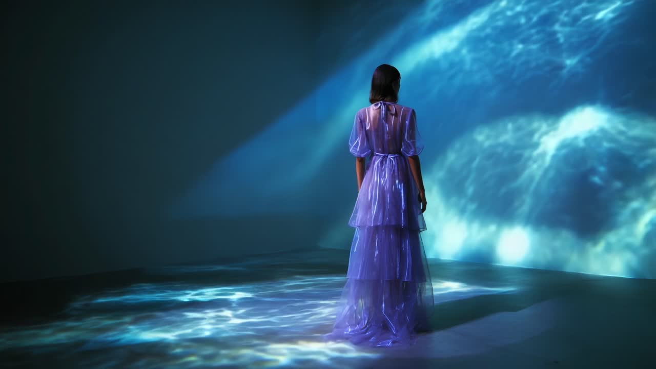 A stunning visual display of ethereal beauty features a figure dressed in a flowing, translucent purple gown standing against a backdrop of mesmerizing water-inspired projections that create a dreamlike atmosphere