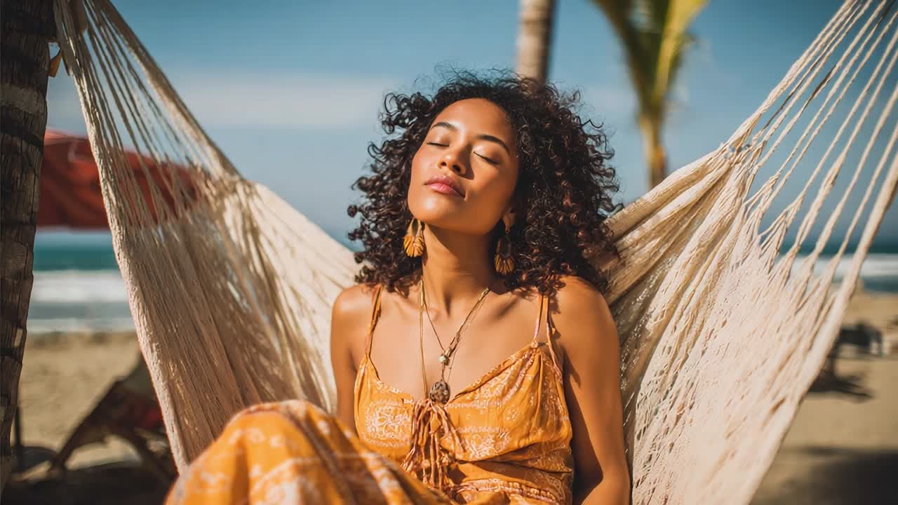 Relaxing on the beach in a hammock during a sunny day