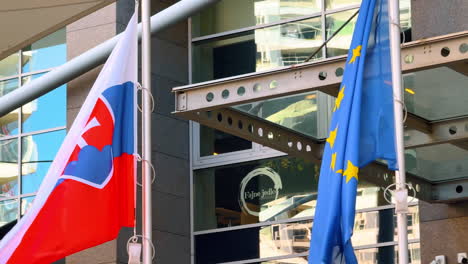 eu flags. flags of eu are displayed together alongside the european union flag in an urban setting