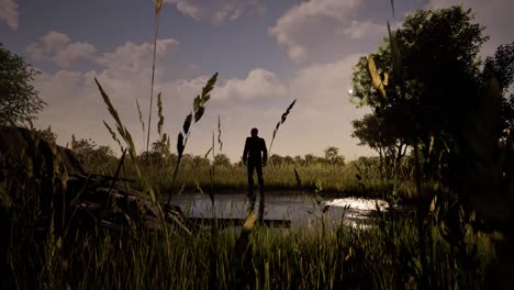 Un-Hombre-De-Negro-Parado-En-Un-Claro-Del-Bosque-Con-El-Sol-Creando-Sombras-Oscuras,-Animación-3d,-Escenario-Animado,-Plataforma-Rodante-De-Cámara