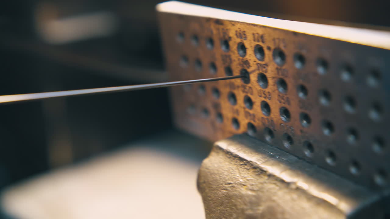 ювелир тянет золотой стержень через отверстие в инструменте умирает крупный снимок