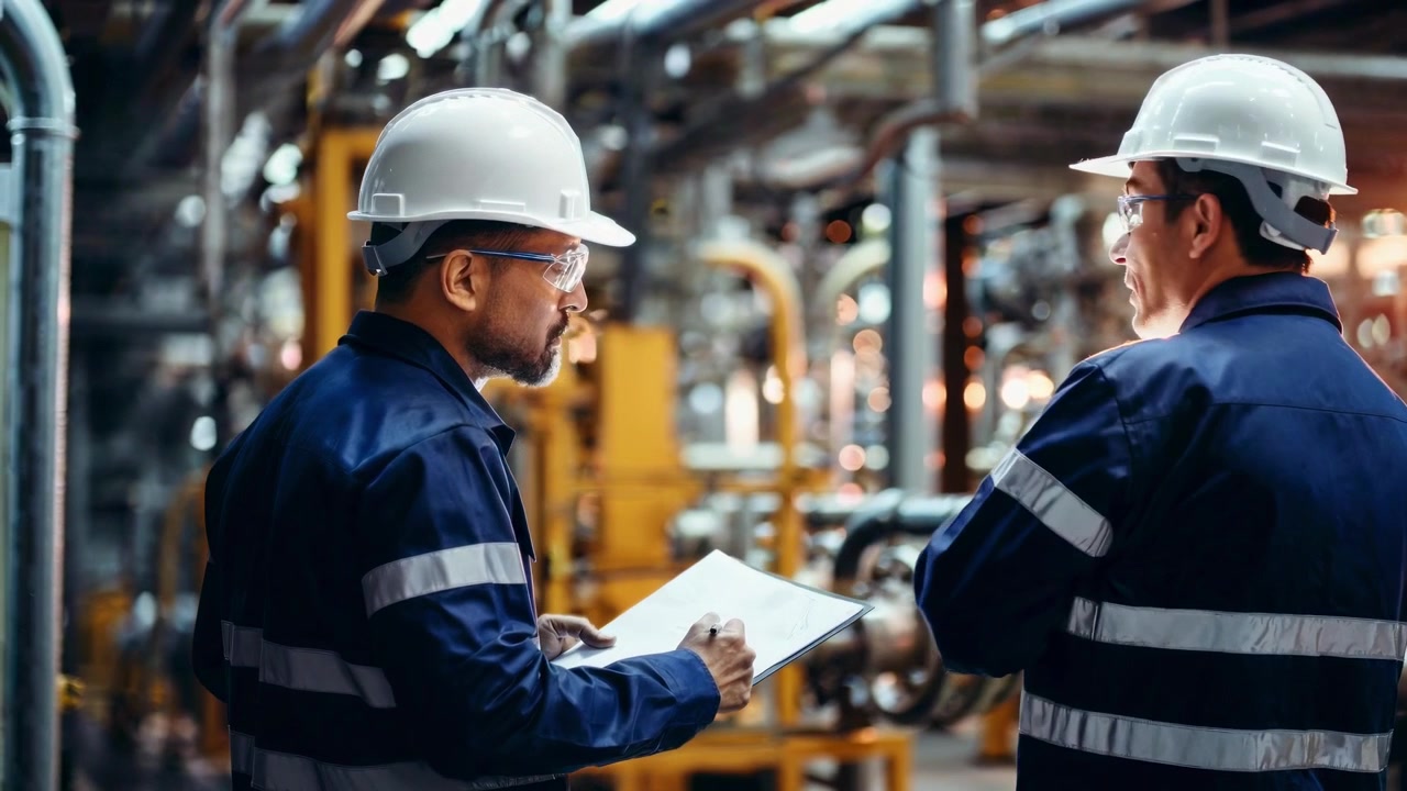 Two Engineers Discussing Technical Plans in an Industrial Factory