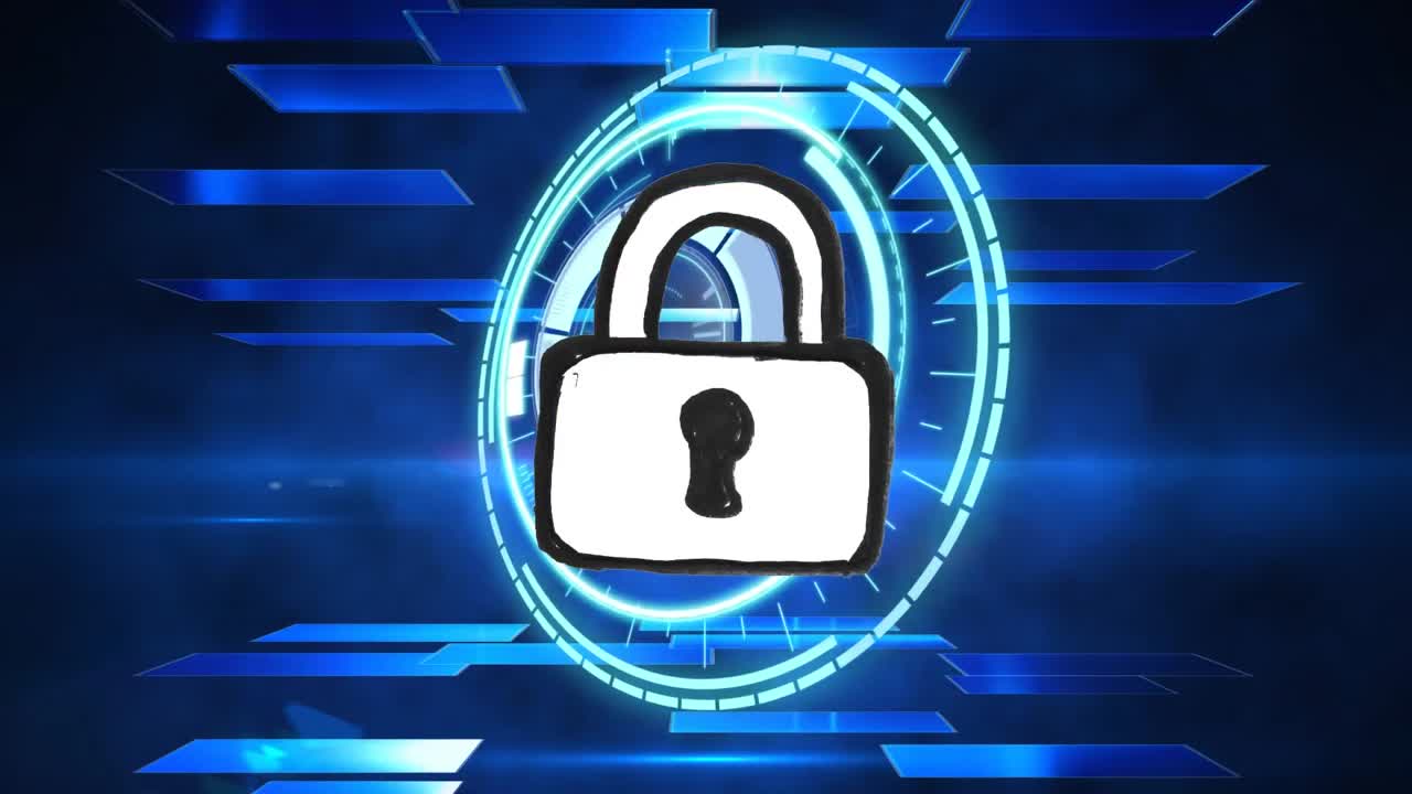 animación del candado y la cerradura de la caja fuerte sobre cuadrados azules sobre fondo negro