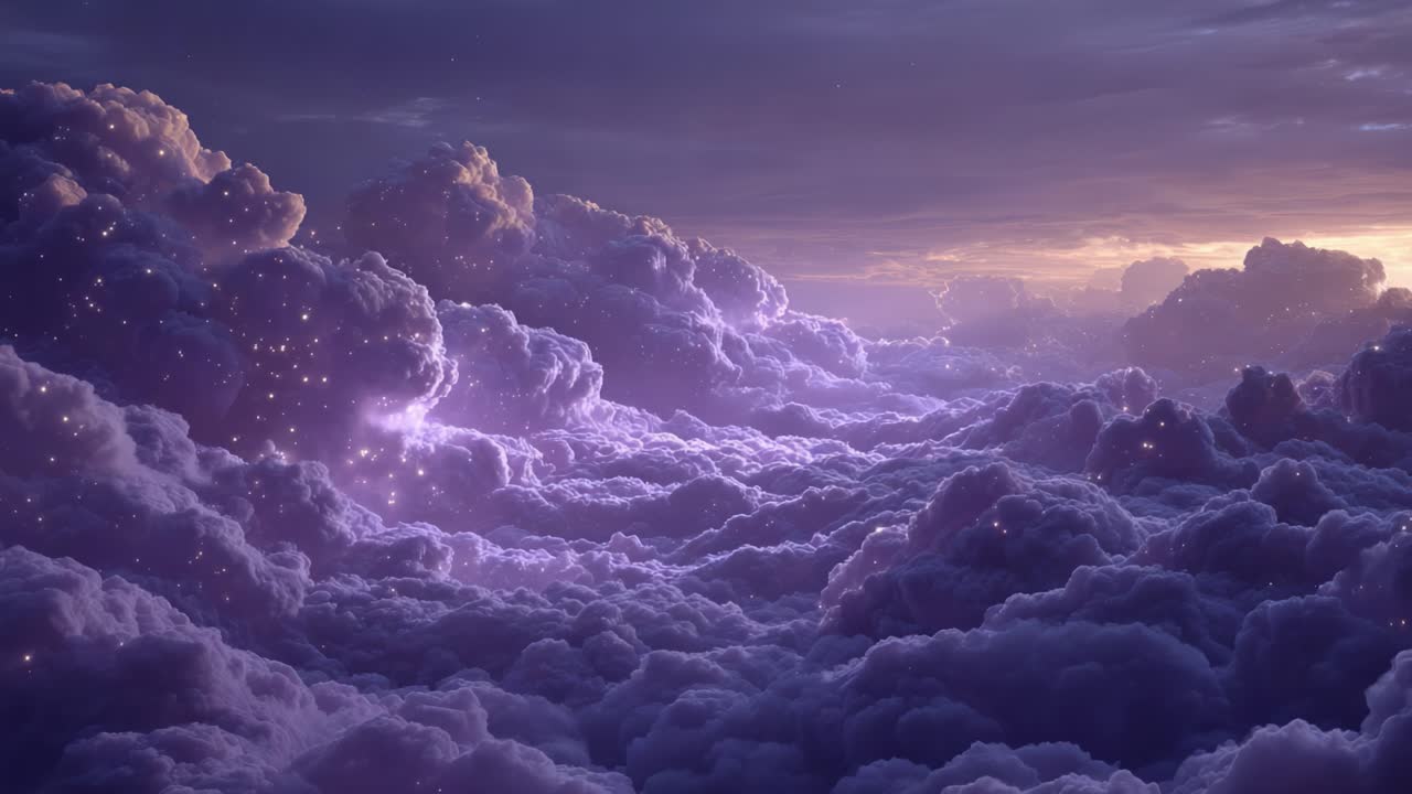 Surreal Lush Clouds at Twilight: A Mystical Atmospheric Scene Filled with Glowing Particles, Capturing the Beauty of Nature's Sky in Vibrant Hues and Imagination