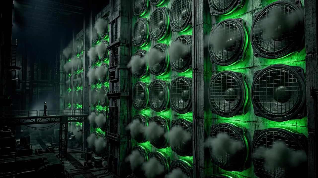 Lone Person Standing Before Massive Industrial Cooling Fans in Dark Facility