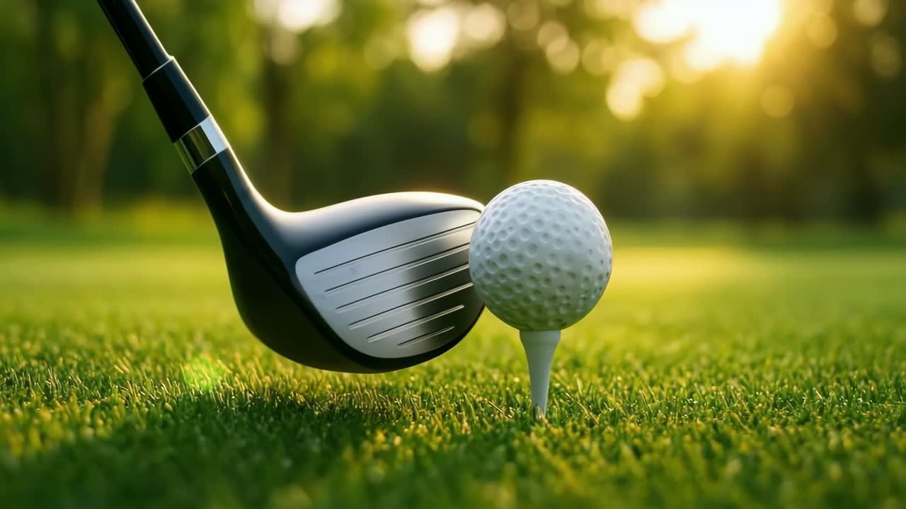 Primo piano, foto dal basso di un tee da golf su un campo verdeggiante, con una mazza che oscilla verso il basso