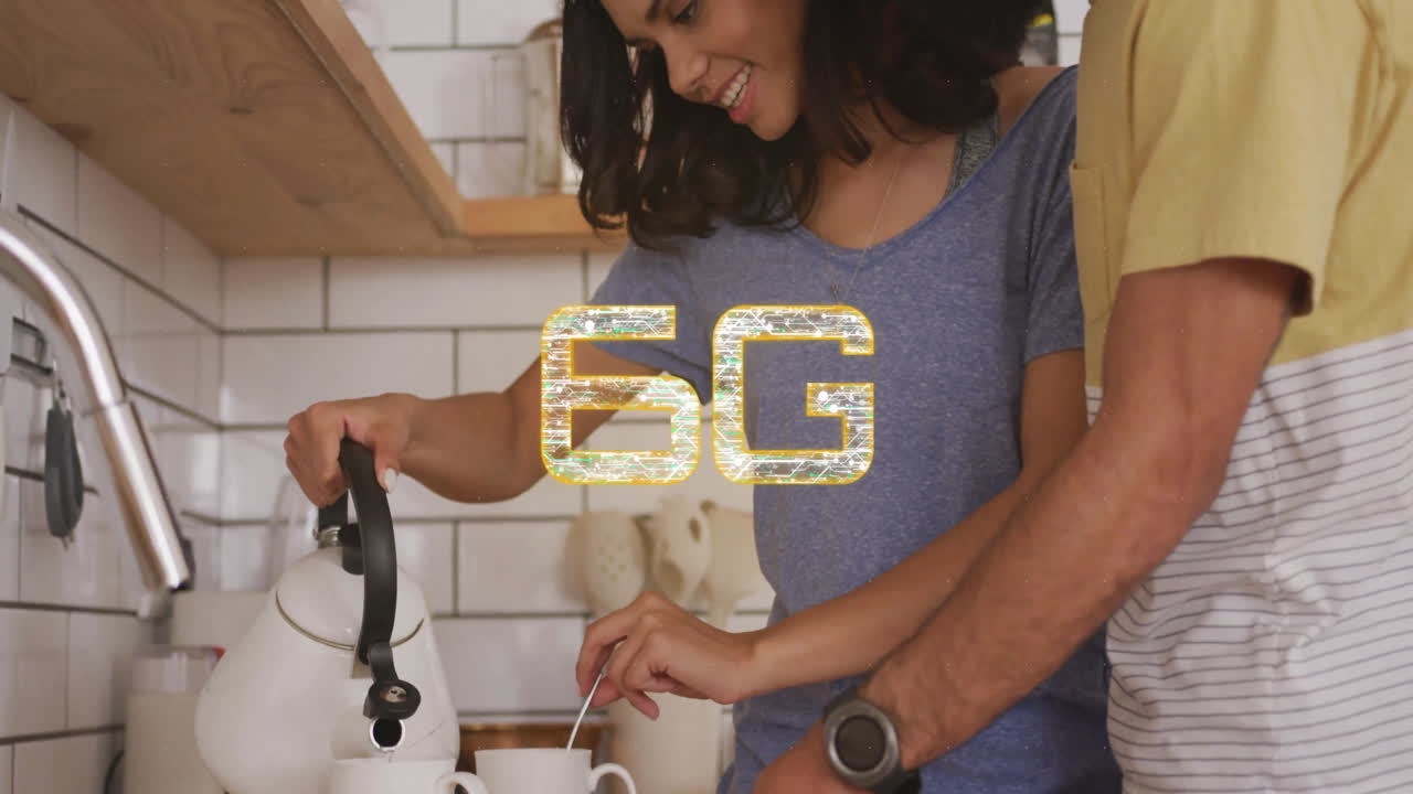 Couple making tea in kitchen with 6G text animation overlay