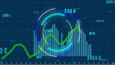 Animation-of-round-scanner-over-statistical-data-processing-against-blue-background