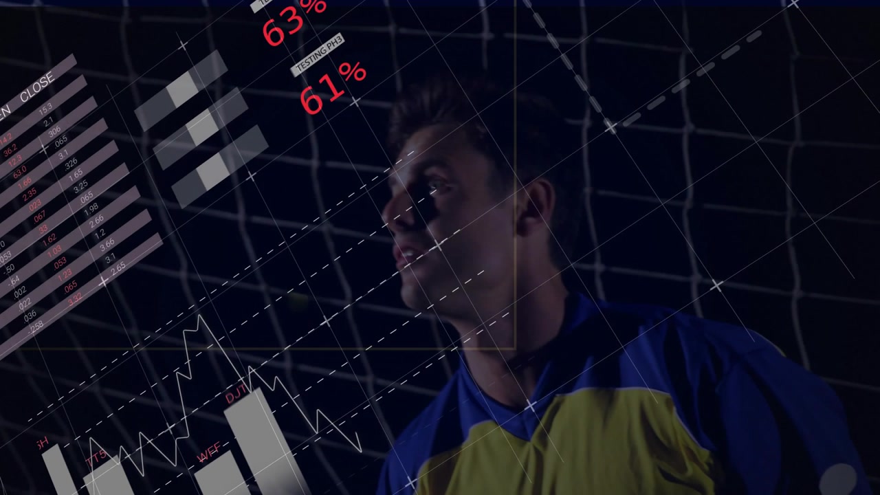 Male player in goal watching sports charts appearing rotating and obscuring while informing metrics