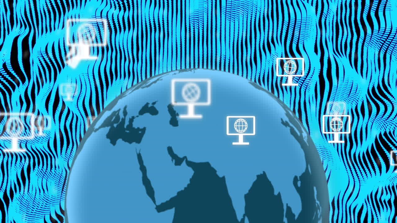 анимация компьютера с иконами глобуса над глобусом и голубыми световыми следами