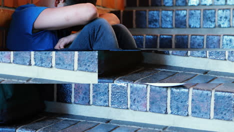 triste escolar sentado solo en la escalera