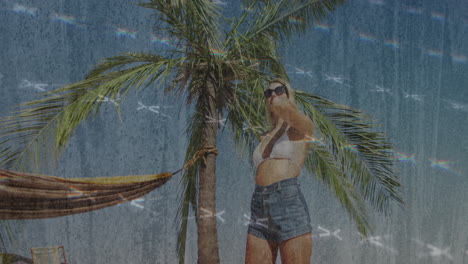 standing under palm tree, woman in sunglasses near hammock in animation
