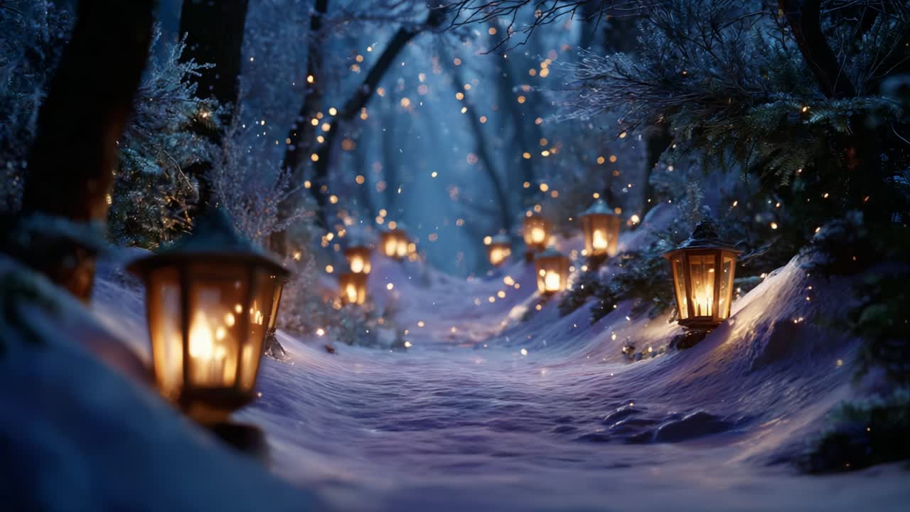 A Captivating Winter Wonderland Pathway Illuminated by Lanterns, Where Snow Glistens Under Dim Lights, Creating a Magical and Serene Atmosphere Filled with Sparkling Whispers of Nature's Beauty