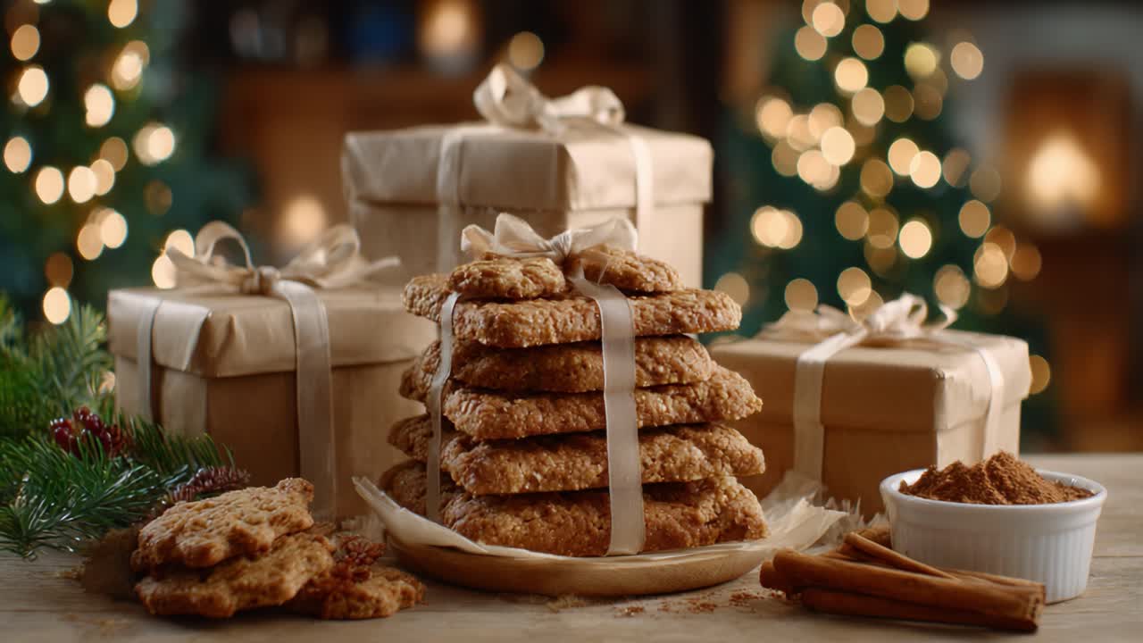 Köstliche, selbstgemachte und für die Feiertage dekorierte Kekse, umgeben von Geschenken und festlicher Beleuchtung in einer gemütlichen Weihnachtsumgebung