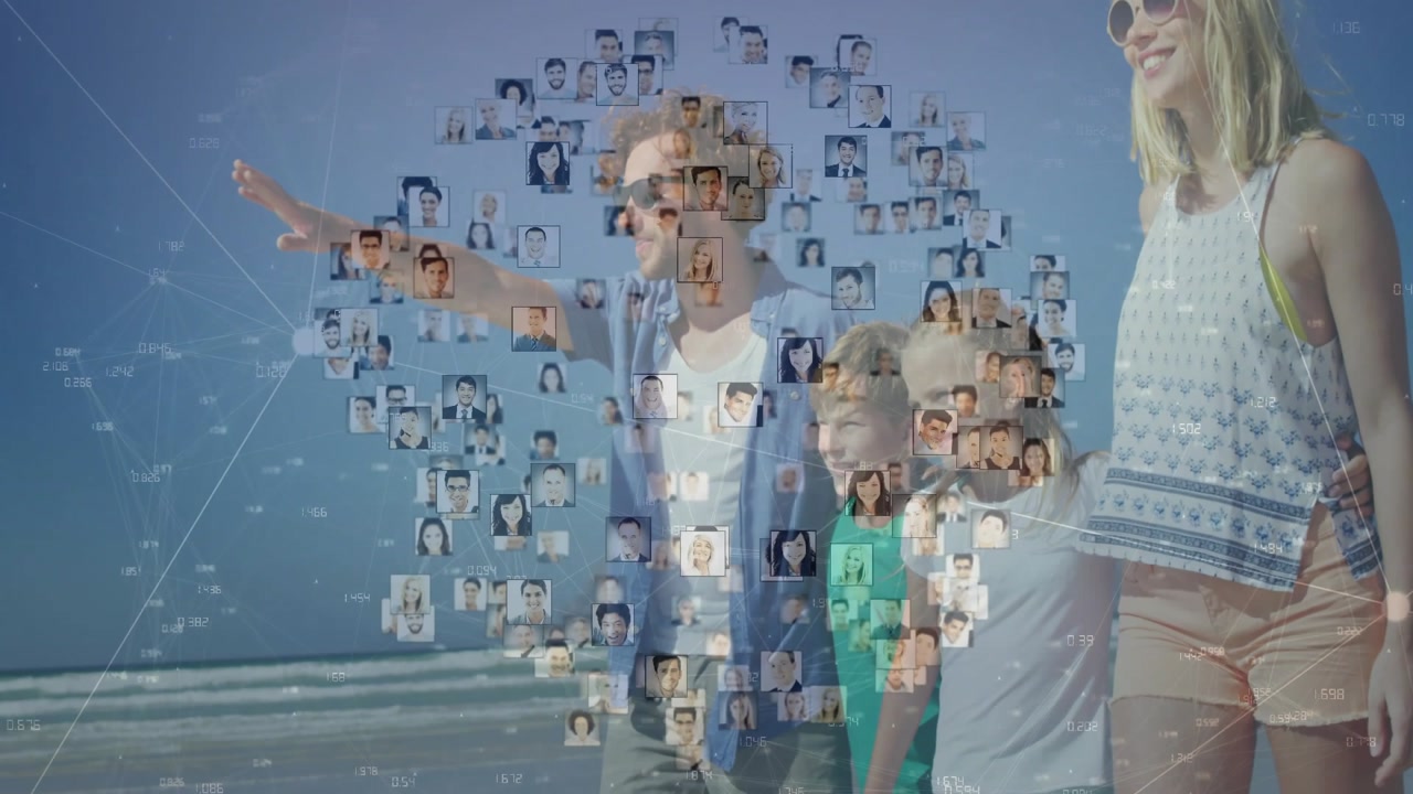 Family walking beach, tile cluster shifting revealing group, man pointing to view horizon, AI layer