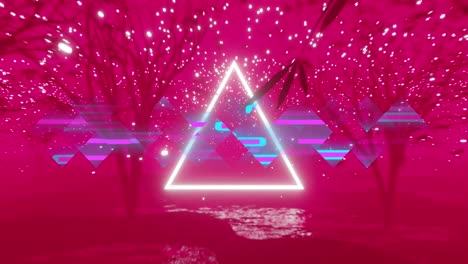 Animation-of-colourful-distortion-and-white-neon-triangle-over-pink-trees-and-lights