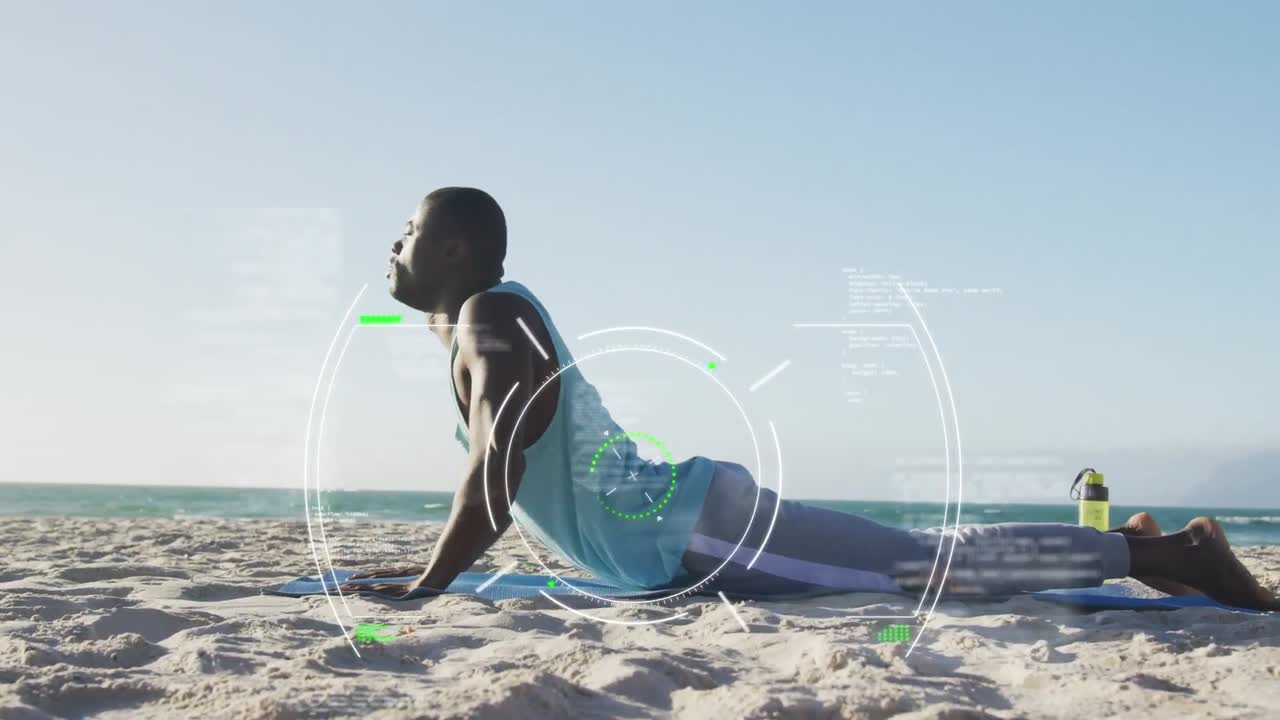 해변에서 코브라 요가 포즈를 취하는 아프리카계 미국인 남성의 디지털 인터페이스 애니메이션