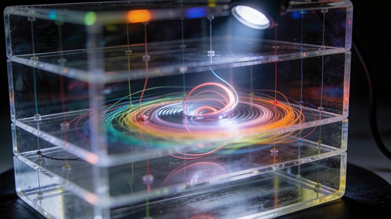 Lowering wire touching spinning color bands in 3-tier acrylic box under lamp for demo lifting loop