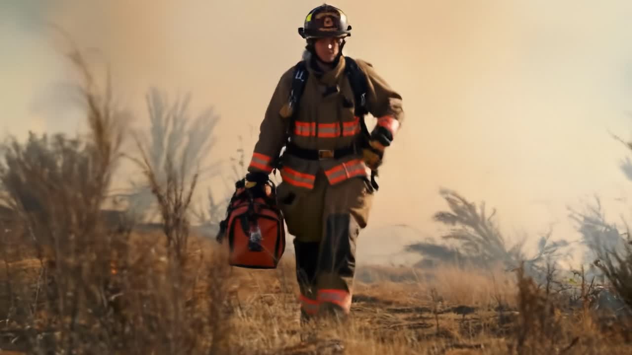 A firefighter navigates through rugged terrain, carrying essential gear while battling wildfires at dusk. Smoke fills the air, showcasing the urgent effort to control the situation.