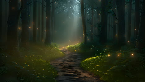 a tranquil forest path illuminated by fireflies