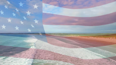 Animación-De-La-Bandera-De-Estados-Unidos-Ondeando-Sobre-El-Paisaje-De-La-Playa.