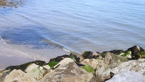 Tropical-sunny-clear-tide-waves-breaking-against-rocks-on-shore-edge