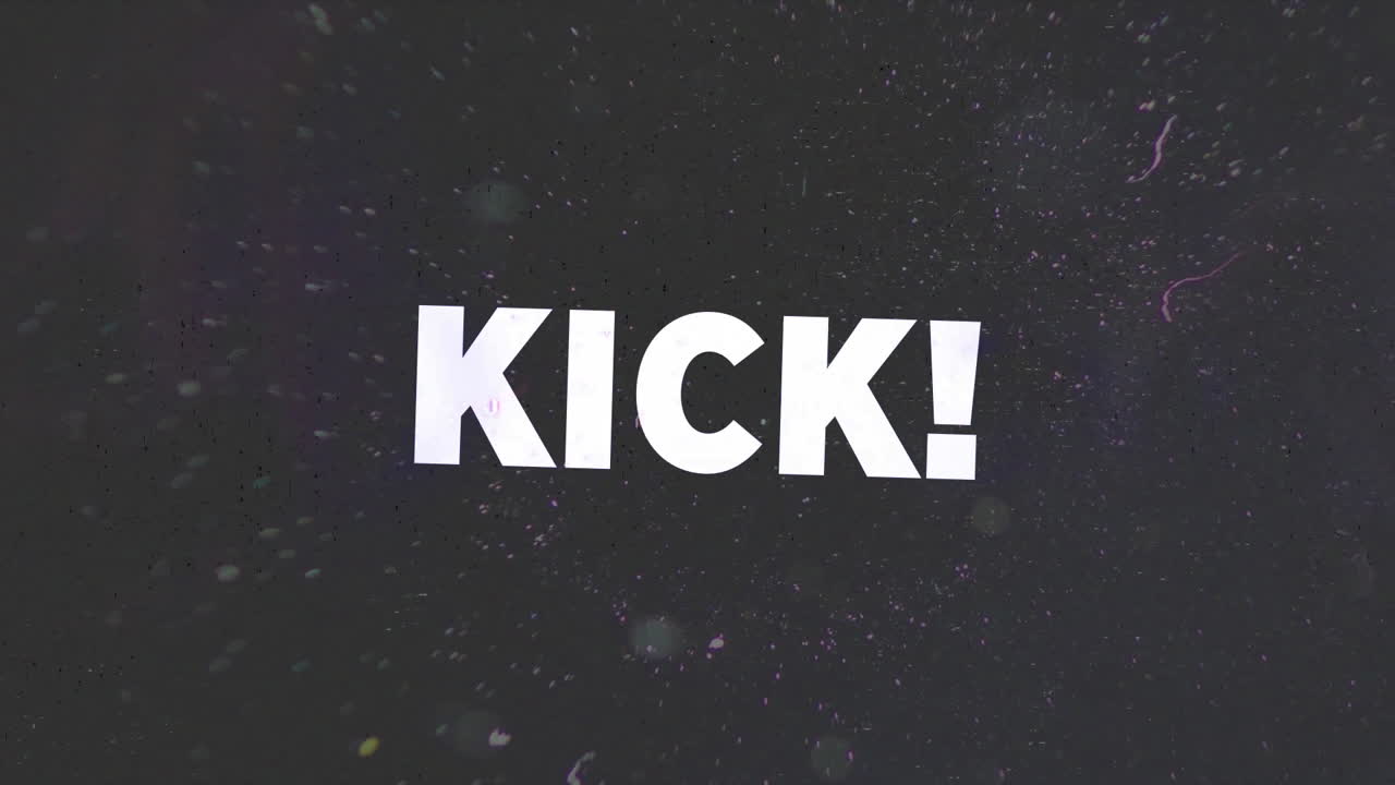 animación de patada en texto blanco con distorsión de colores sobre fondo negro