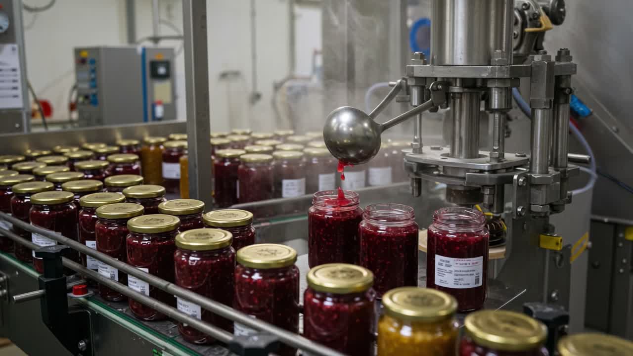 Automated Jam Filling Process in a Modern Factory: Efficient Machinery and Fresh Ingredients Combine to Create Jars of Delicious Fruit Preserves