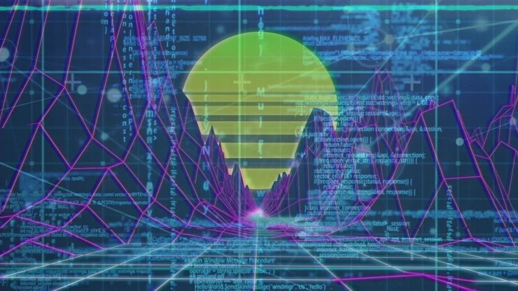 Animation of data processing over digital mountains and sun