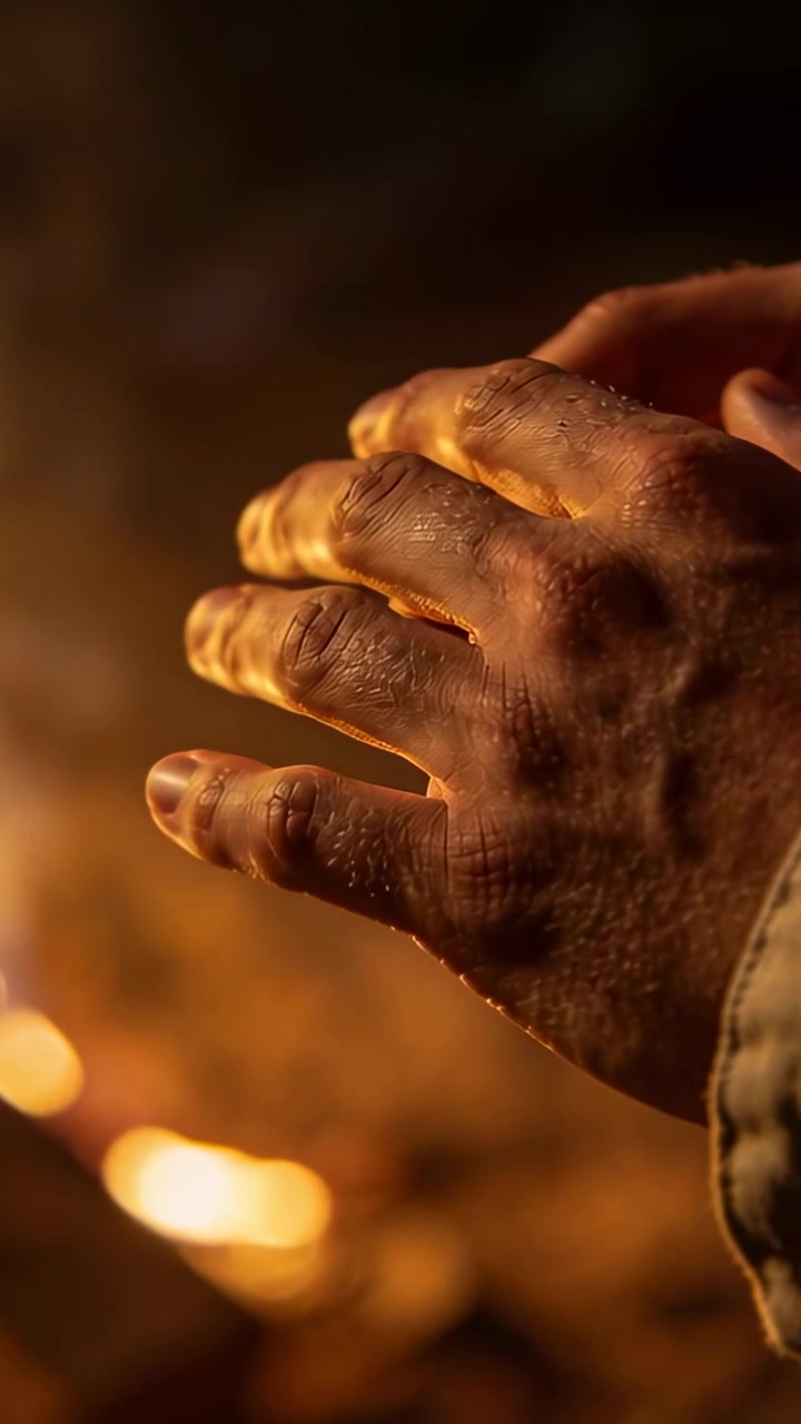 Vertical video: Warming adult hands cupping embers near fire after feeling cold, with jacket sleeve