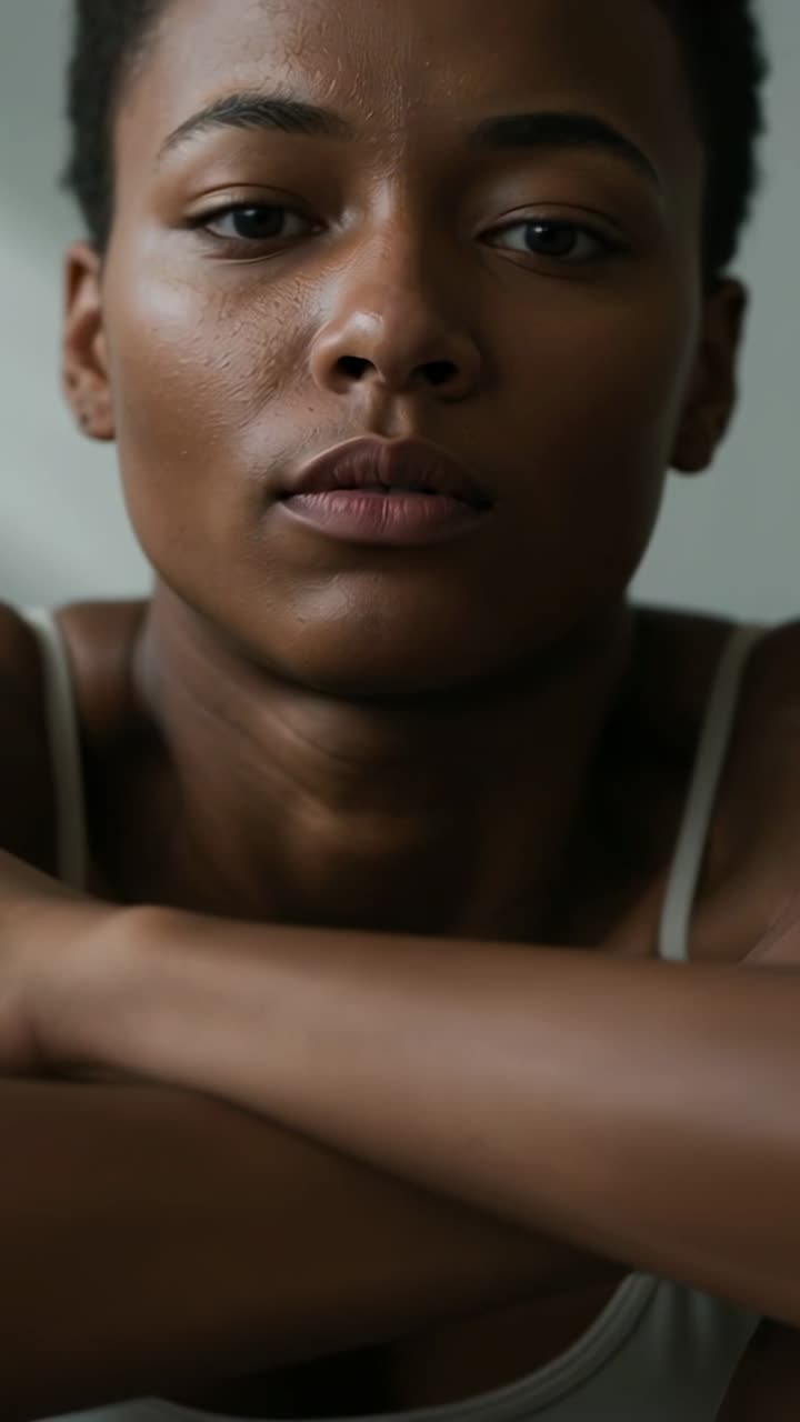 Vertical video: Framing causing woman in tank resting chin on folded forearms at home, reflecting