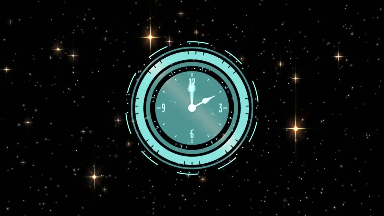 Animation of clock with moving hands on starry sky