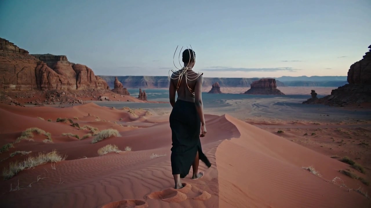Una donna si gira mentre cammina su una cresta di duna rossa, lasciando impronte a piedi nudi, e indossa un'imbracatura e una gonna nera