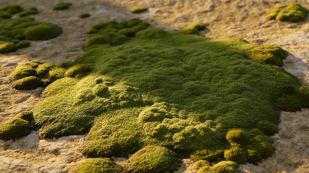 Vista ravvicinata di chiazze di muschio verde vivido che coprono il terreno sabbioso della spiaggia sotto la calda luce del sole.