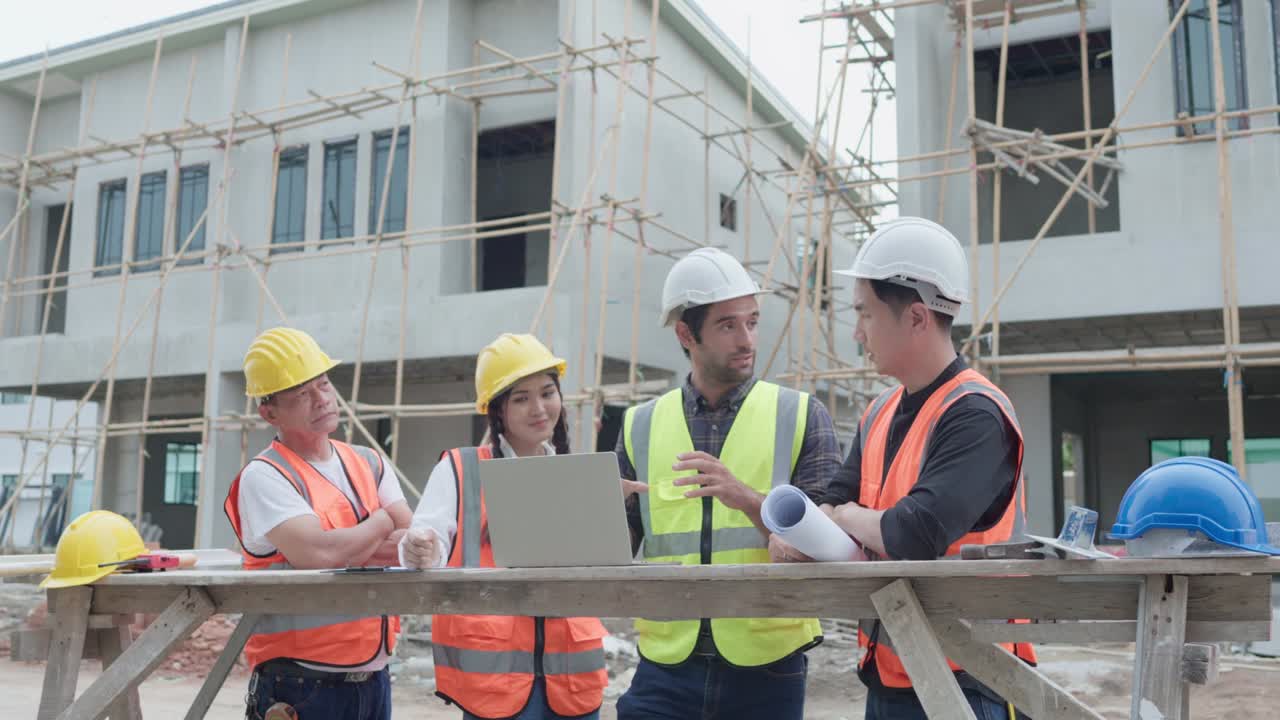 equipo diverso de ingenieros civiles gerente, arquitectos y capataz, trabajador. mientras utiliza la computadora portátil inspeccionar discutir la reunión proyecto de construcción y señalando en el sitio de construcción. bienes raíces y concepto de construcción.