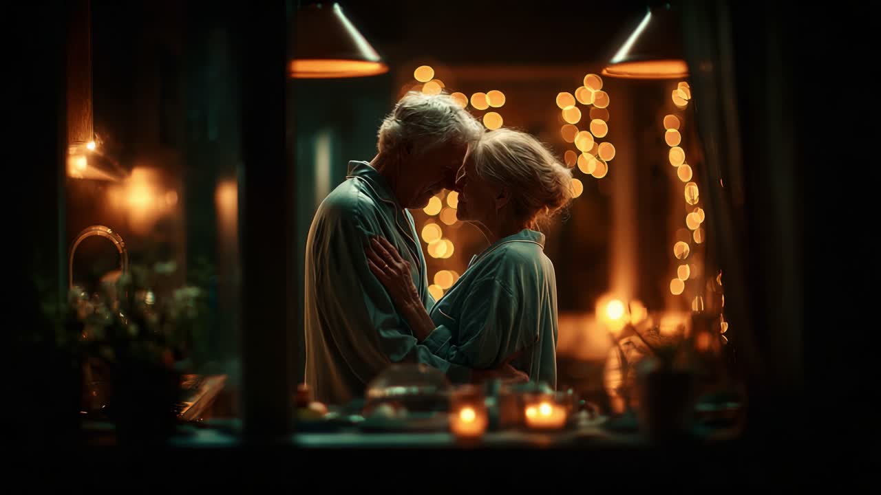 A heartwarming moment between two elder lovers captured in a softly lit kitchen filled with warm bokeh lights, evoking a deep sense of connection, intimacy, and romance shared in their twilight years