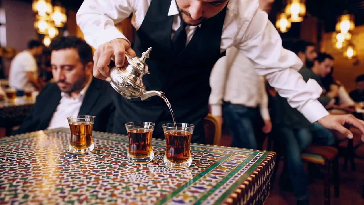 A waiter pours traditional Moroccan tea into small glasses in a bustling restaurant