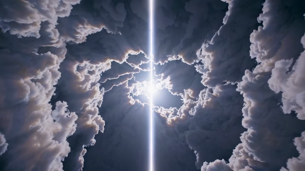 A dramatic, upward angle captures swirling clouds around a bright light beam, creating a cinematic