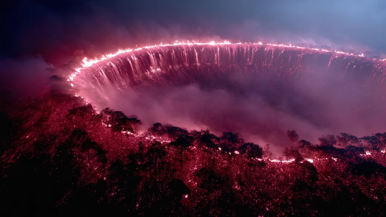 Stunning Aerial View of a Fiery Volcanic Crater Surrounded by Lush Greenery, Showcasing a Breathtaking Display of Lava and Smoke in a Nighttime Environment