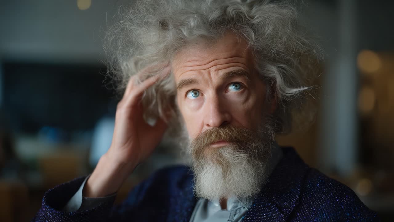 A thought-provoking moment captured in a serene environment, showcasing an expressive individual with striking blue eyes and an intriguing hairstyle